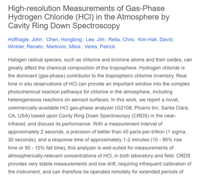 英文文獻（Picarro G2108）High-resolution Measurements of Gas-Phase Hydrogen Chloride (HCl) in the Atmosphere by Cavity Ring Down Spectroscopy
