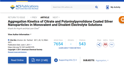 英文文獻（BI-200SM）Aggregation Kinetics of Citrate and Polyvinylpyrrolidone Coated Silver Nanoparticles in Monovalent and Divalent Electrolyte Solutions